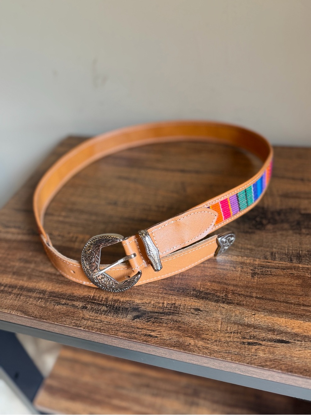 Omega Guatamelan Colorful Cotton & Genuine Leather Belt Concho Buckle Size M
